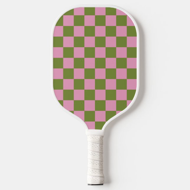 Pink Green Checkered Gingham Pattern Pickleball Schläger (Vorderseite)