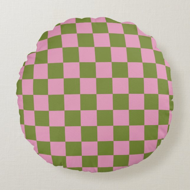 Pink Green Checkered Gingham Pattern Rundes Kissen (Vorderseite)