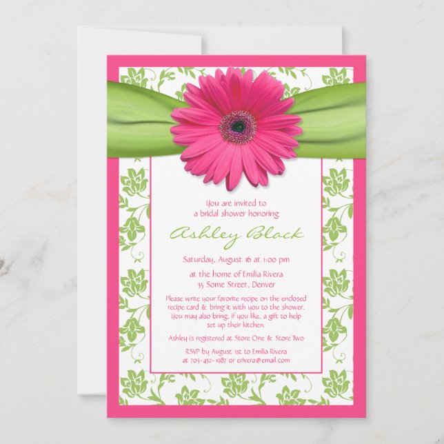 Pink Green Daisy Damask Bridal Dusche Einladung (Vorderseite)