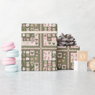 Pink & Green Daisy Floral & Herz Quilt Muster Geschenkpapier