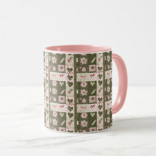 Pink & Green Daisy Floral & Herz Quilt Muster Tasse