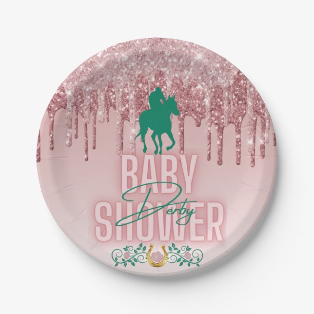 Pink|Green Elegante Glitzer Tropfen Derby Baby Dus Pappteller (Vorderseite)