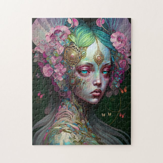 Pink Green Elf Fairy Woman Fantasy Art Puzzle (Vertikal)