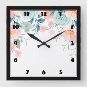 Pink & Green Floral Border Quadratische Wanduhr