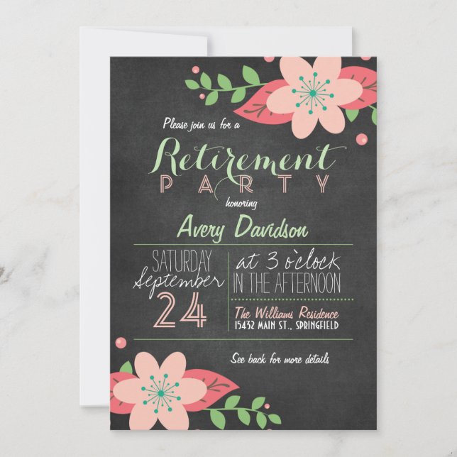 Pink & Green Floral Chalkboard Retirement Party Einladung (Vorderseite)
