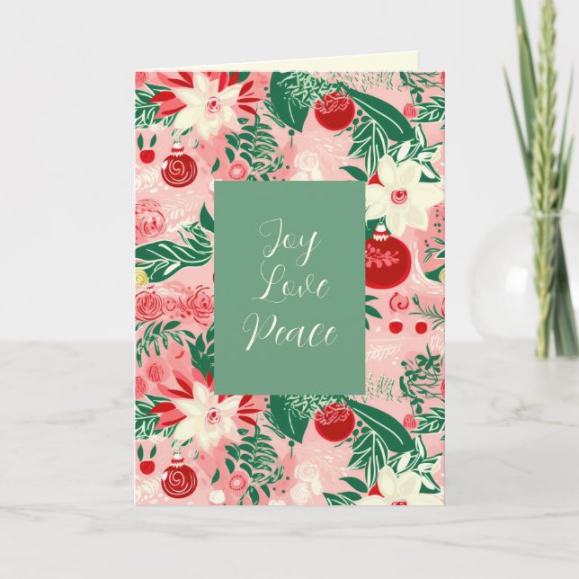 Pink Green Floral Joy Liebe Weihnachtskarte Karte (Vorderseite)