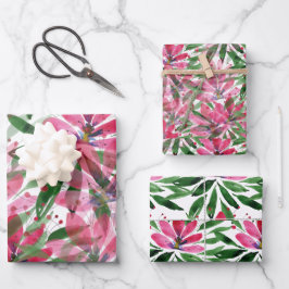 Pink Green Floral Muster Aquarellkunst Geschenkpapier Set