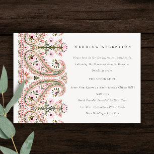 Pink Green Floral Paisley Motif Hochzeitsempfang Begleitkarte