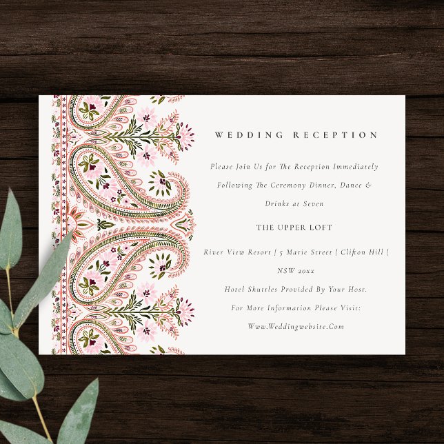 Pink Green Floral Paisley Motif Hochzeitsempfang Begleitkarte (Von Creator hochgeladen)