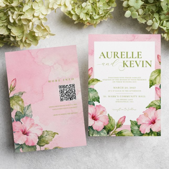 Pink Green Floral Summer Watercolor QRcode Wedding Einladung (Von Creator hochgeladen)
