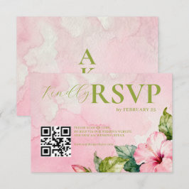 Pink Green Floral Summer Watercolor QRcode Wedding RSVP Karte