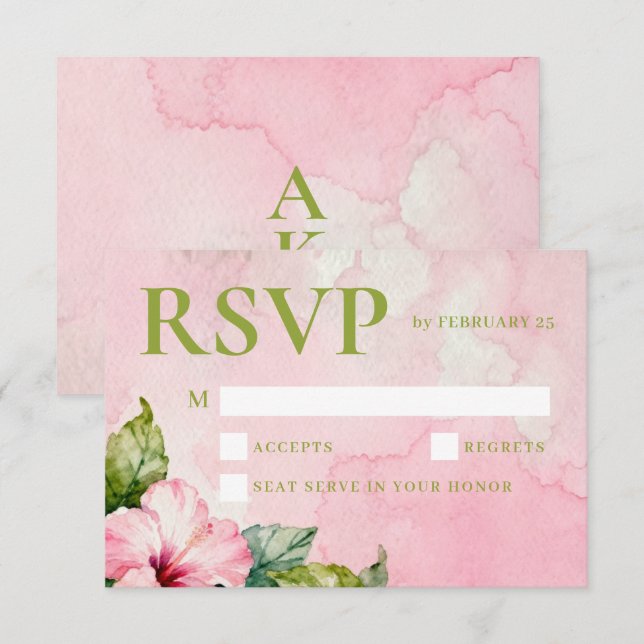 Pink Green Floral Summer Watercolor Wedding RSVP Karte (Vorne/Hinten)