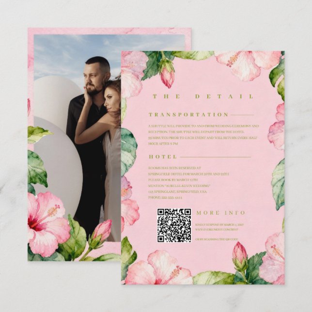 Pink Green Floral Watercolor Details Photo Wedding Begleitkarte (Vorne/Hinten)