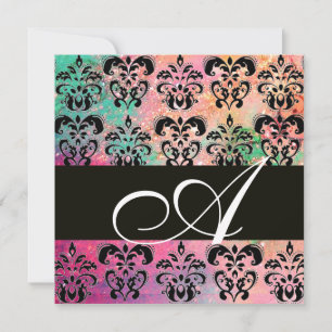 PINK GREEN FUCHSIA BLACK DAMASK MONOGRAMM, weiß Einladung