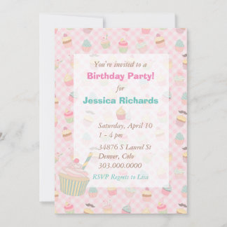 Pink Green Gingham Cupcake Birthday Party Einladung