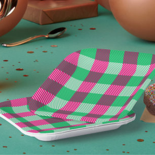Pink Green Gingham Karo Design Pappteller