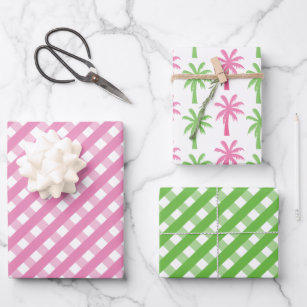 Pink & Green Gingham & Palm Trees Geschenkgutschei Geschenkpapier Set