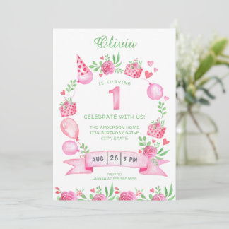 Pink Green Girly Einladung zum ersten Geburtstag