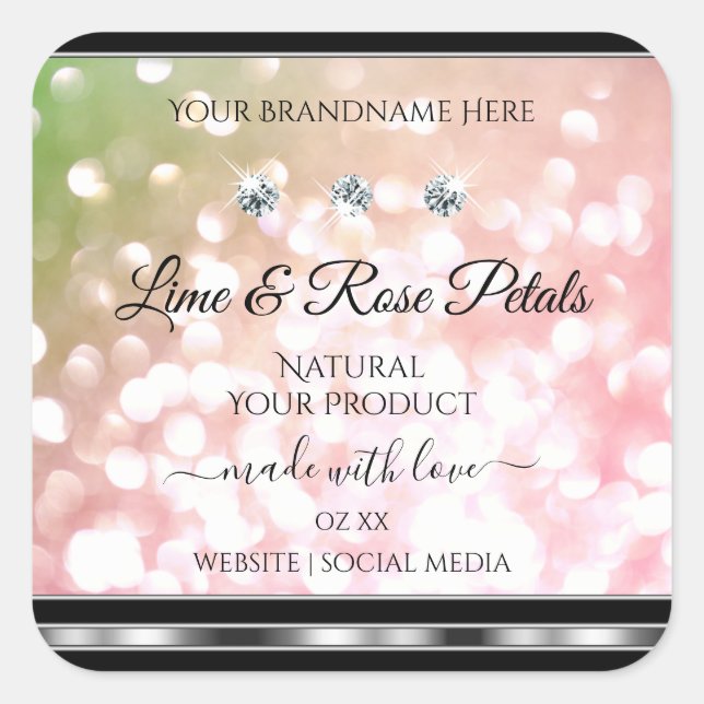 Pink Green Glitzer Product Labels Diamonds Silver Quadratischer Aufkleber (Vorderseite)