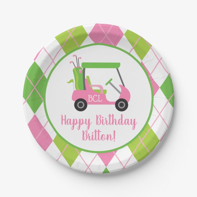 Pink & Green Golf Personalisiert Party Teller (Vorderseite)