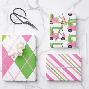 Pink & Green Golf Raute Streifen Geschenkblätter Geschenkpapier Set