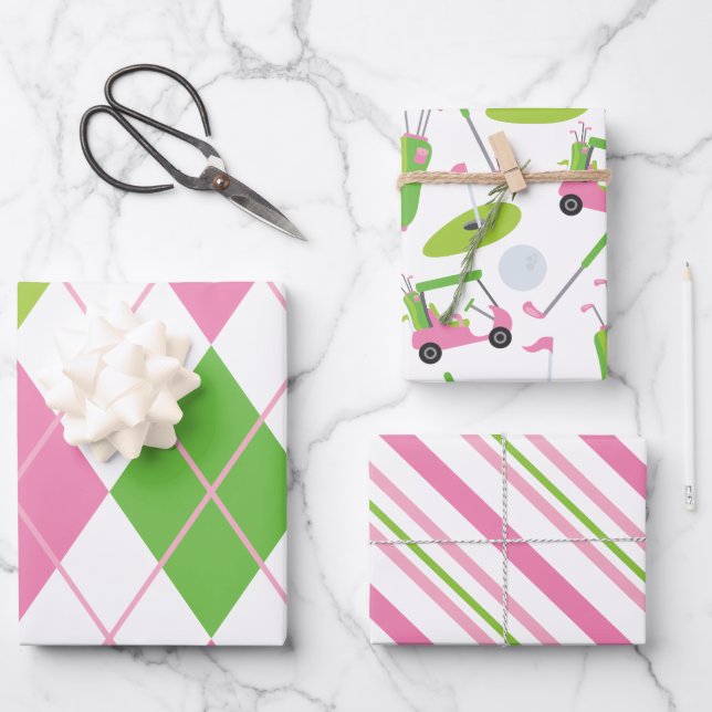 Pink & Green Golf Raute Streifen Geschenkblätter Geschenkpapier Set (Vorderseite)