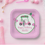 Pink & Green Golf Thema Personalisiertes Party Pappteller<br><div class="desc">Es ist Zeit und Spaß, mit dieser hübschen Papiertüte - dem pinkfarbenen und grünen Golfwagen und den Golfklubs - mit etwas vergoldetem Glitzer zu dekorieren, ergänzt durch ihren Namen in Drehbuch und einen glücklichen Geburtstag. Alle Designfragen senden Sie uns einfach einen Chat oder eine E-Mail an charmdesignstudio@rcn.com und wir freuen...</div>