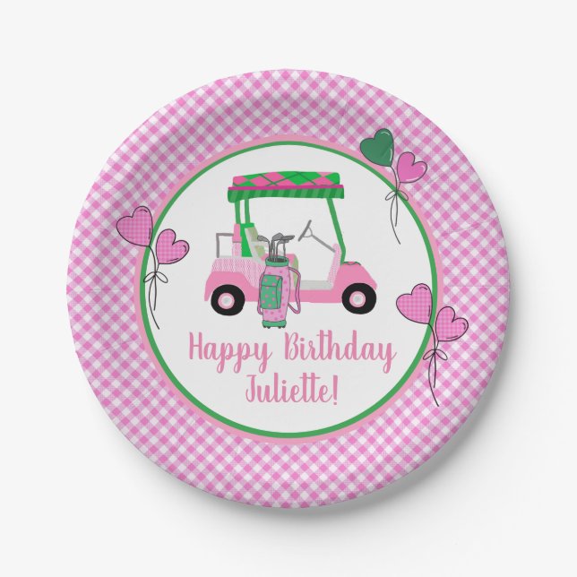 Pink & Green Golf Thema Personalisiertes Party Pappteller (Vorderseite)