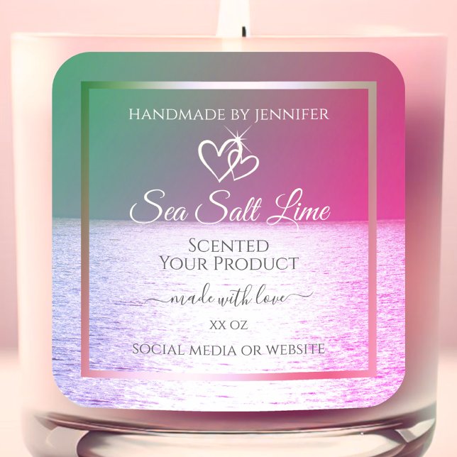 Pink Green Gradient Ocean Product Packaging Labels Quadratischer Aufkleber (Von Creator hochgeladen)