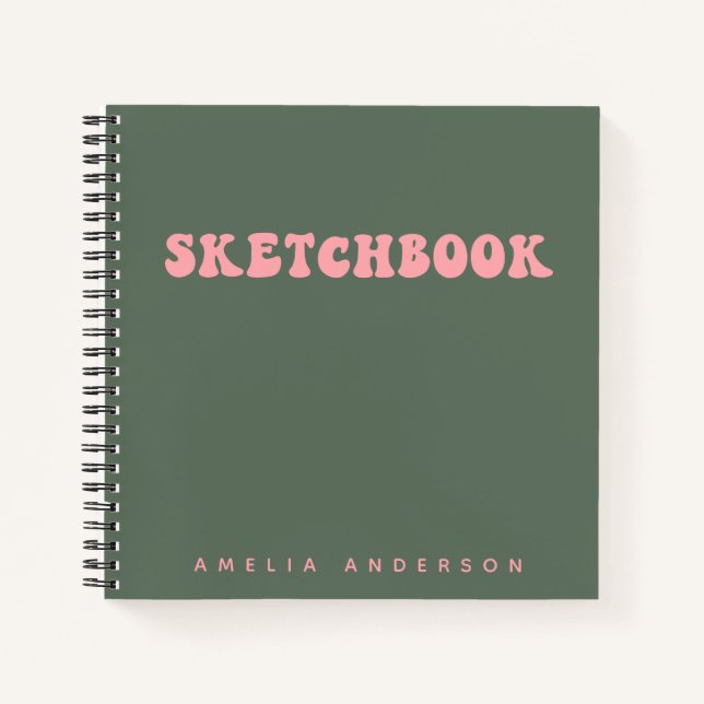 Pink Green Groovy Sketchbook Personalisiert Name Notizbuch (Vorderseite)