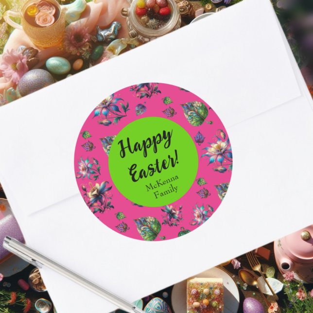 Pink Green Happy Osterfrühling Kolumne Blume Runder Aufkleber (Von Creator hochgeladen)