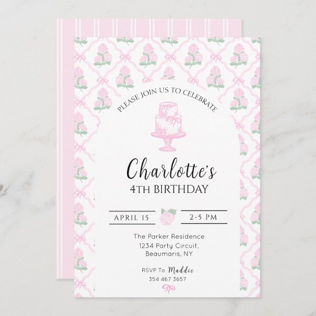 Pink & Green Hydrangea Trellis with Bows Einladung (Vorne/Hinten)