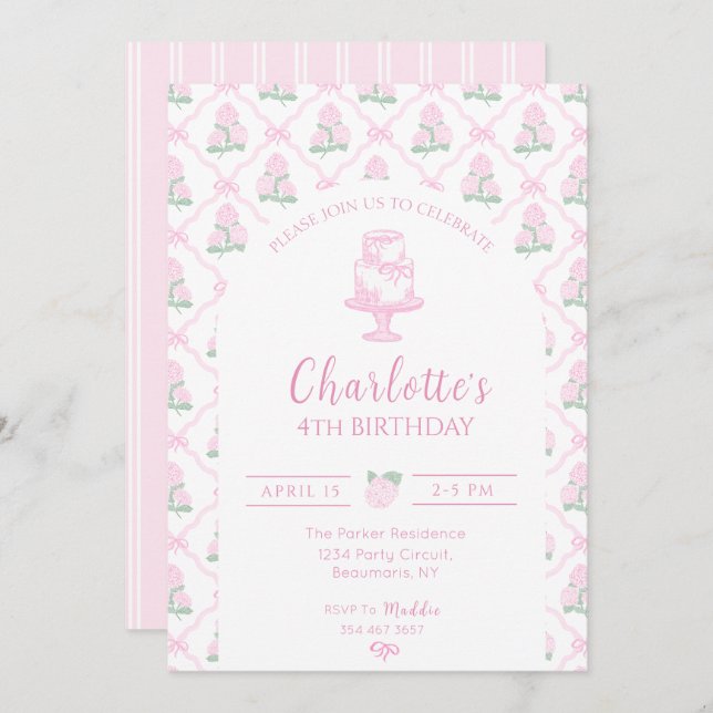 Pink & Green Hydrangea Trellis with Bows Einladung (Vorne/Hinten)