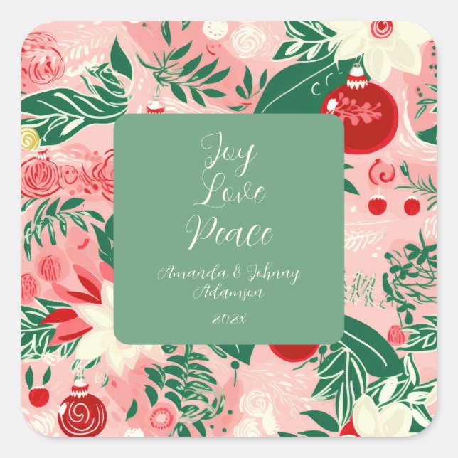 Pink Green Joy Liebe Peace Floral Weihnachten Quadratischer Aufkleber (Vorderseite)