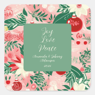 Pink Green Joy Liebe Peace Floral Weihnachten Quadratischer Aufkleber
