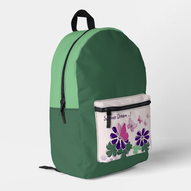 Pink Green Lila Doodle Blooms Butterfly Slogan Bedruckter Rucksack (Rückseitige Ecke links)
