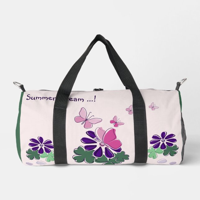 Pink Green Lila Doodle Blooms Butterfly Slogan Duffle Bag (Vorderseite)