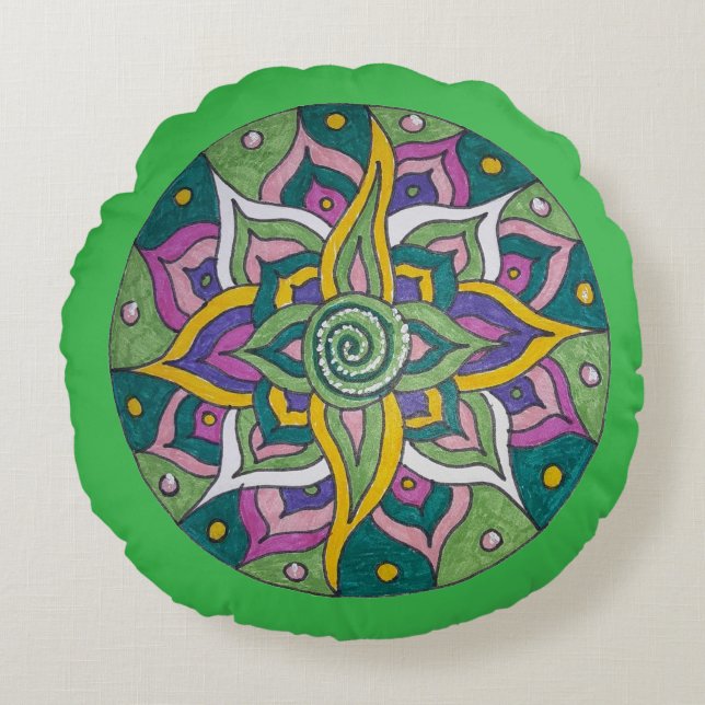 Pink/Green Lotus Mandala Round Throw Pillow Rundes Kissen (Vorderseite)