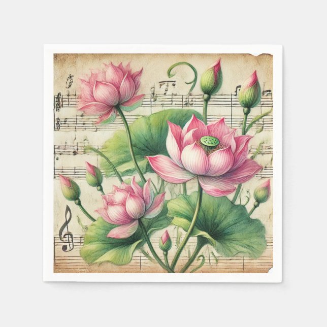 Pink & Green Lotus Vintage Notenblätter Serviette (Vorderseite)