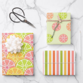 PINK GREEN ORANGE YELLOW FRUIT & STRIPES GESCHENKPAPIER SET