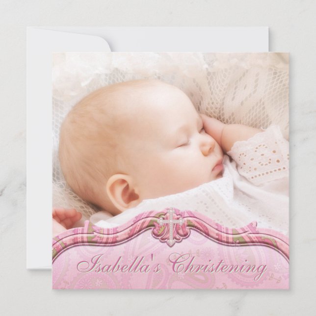 Pink Green Paisley Baby Girl Foto Christening Einladung (Vorderseite)