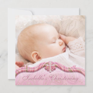 Pink Green Paisley Baby Girl Foto Christening Einladung