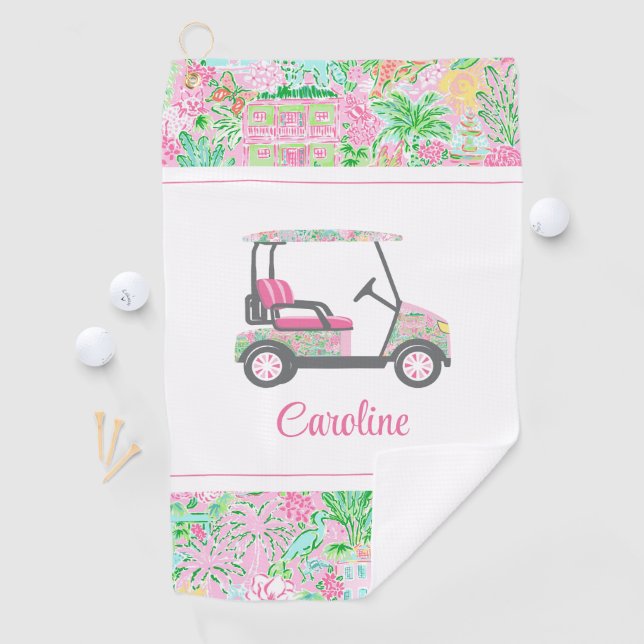 Pink & Green Palm Beach Golf Cart Personalisiert Golfhandtuch (Insitu)