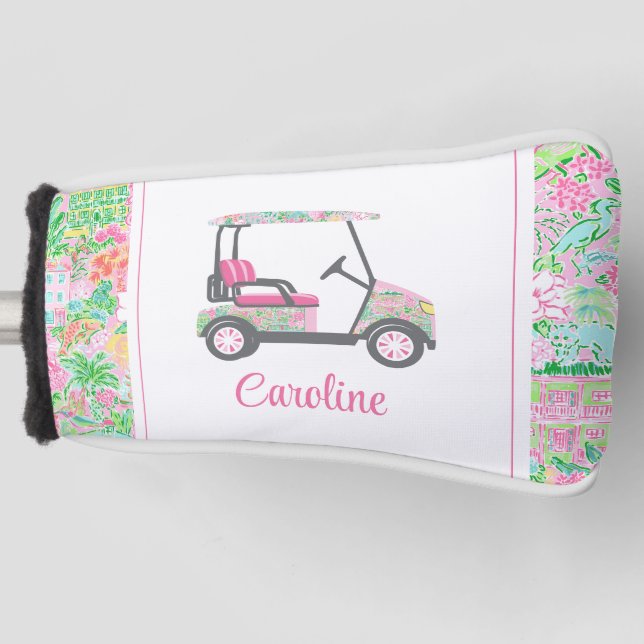 Pink & Green Palm Beach Golf Cart Personalisiert Headcover (Vorderseite)