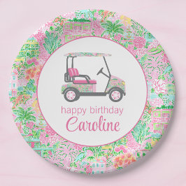 Pink & Green Palm Beach Golf Cart Personalisiert Pappteller