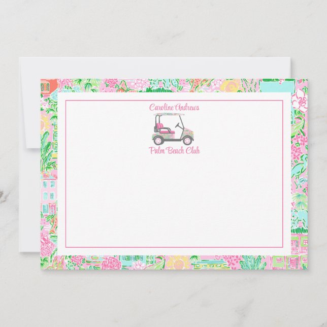 Pink & Green Palm Beach Golf Cart Personalized Dankeskarte (Vorderseite)