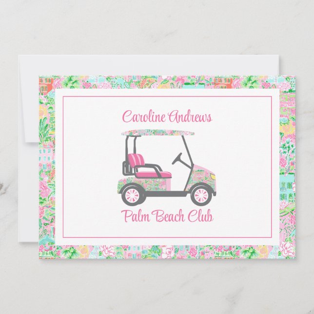 Pink & Green Palm Beach Golf Cart Personalized Dankeskarte (Vorderseite)