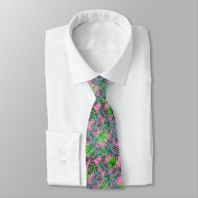 Pink Green Palm Leaf Muster Tropical Neck Tie Krawatte (Gebunden)