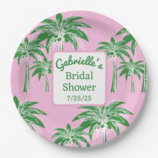 Pink Green Palm Tree Brautparty Individuelle Name Pappteller (Vorderseite)
