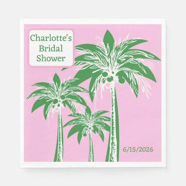 Pink Green Palm Tree Brautparty Individuelle Name Serviette (Vorderseite)